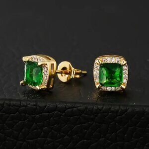 14K Gold Womens Square 2ct Green Emerald Gemstone 1ct Diamond Earrings Jewelry